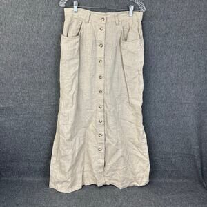 Eddie Bauer Vintage Linen Maxi Skirt Button Front Beige Sz 12 Lagenlook Cottage